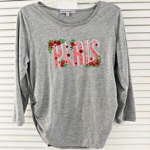 Sweet Violet Womens Paris Mon Amour Graphic Top Gray Long Sleeve Ruched Sides M